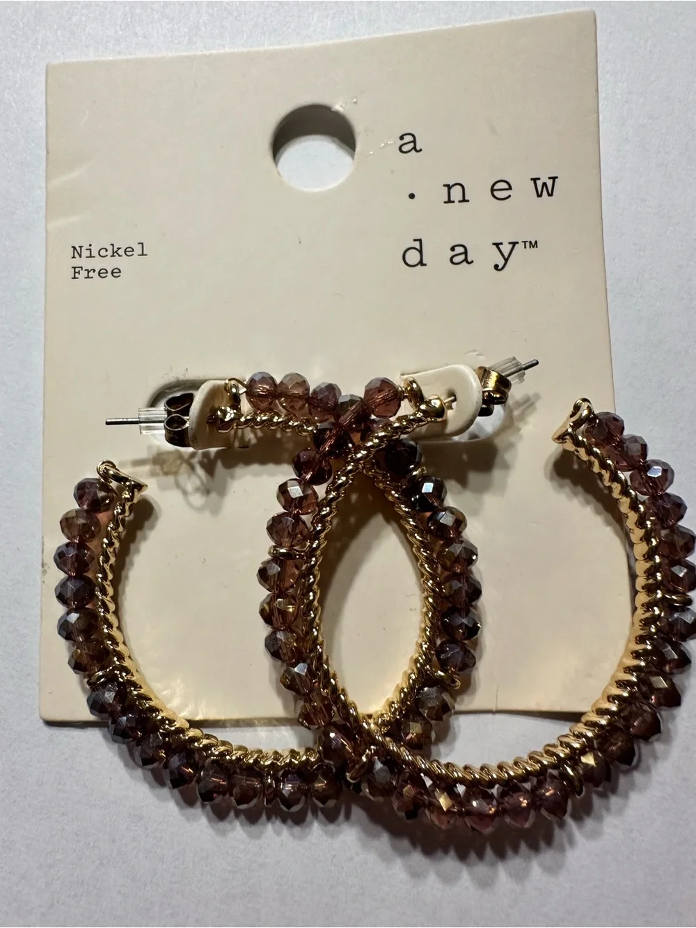 a new day Gold Hoop Earrings with Mauve Crystal Beads